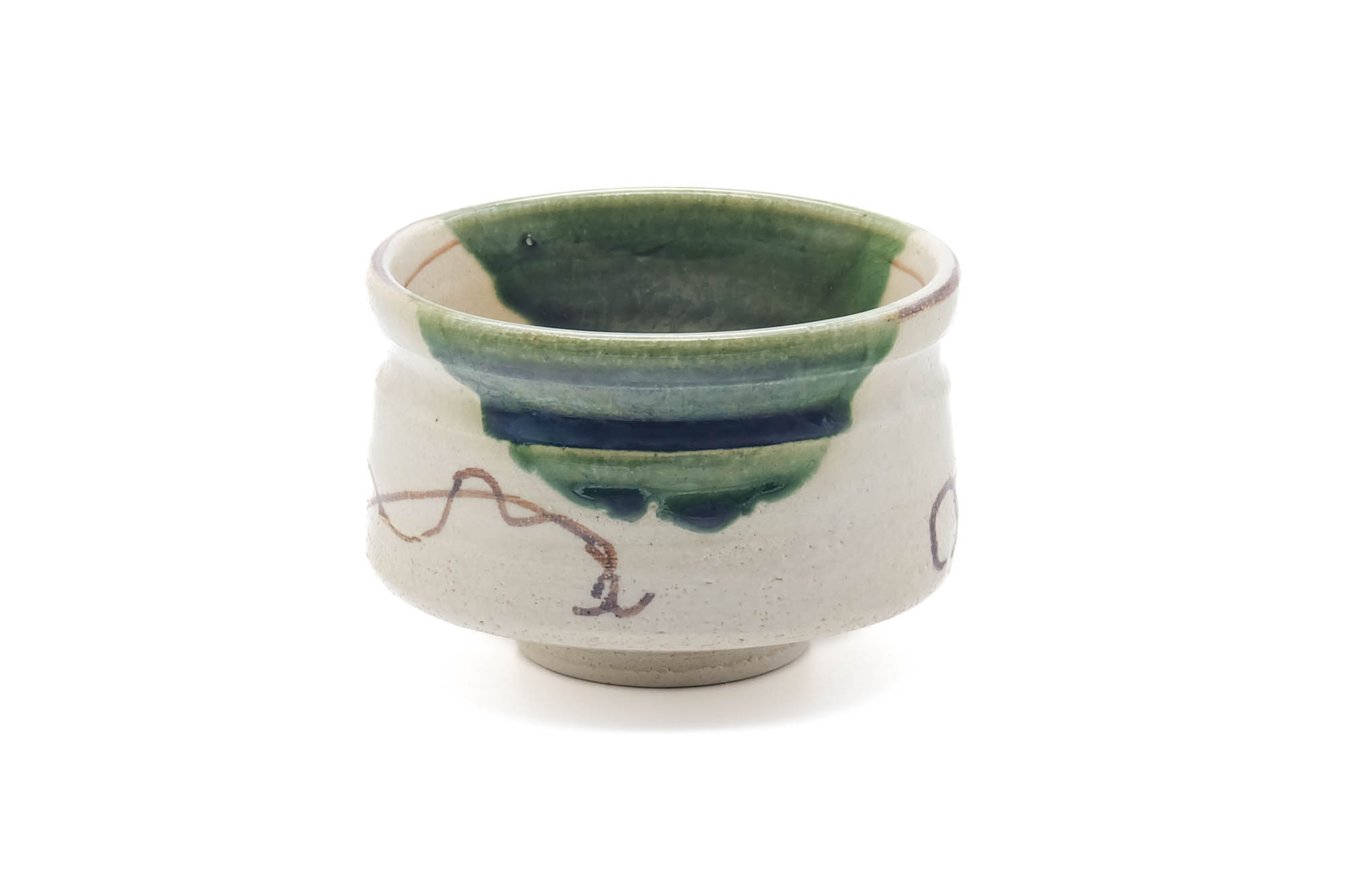 Japanese Matcha Bowl - Floral Beige Green Glazed Oribe-yaki Chawan - 250ml