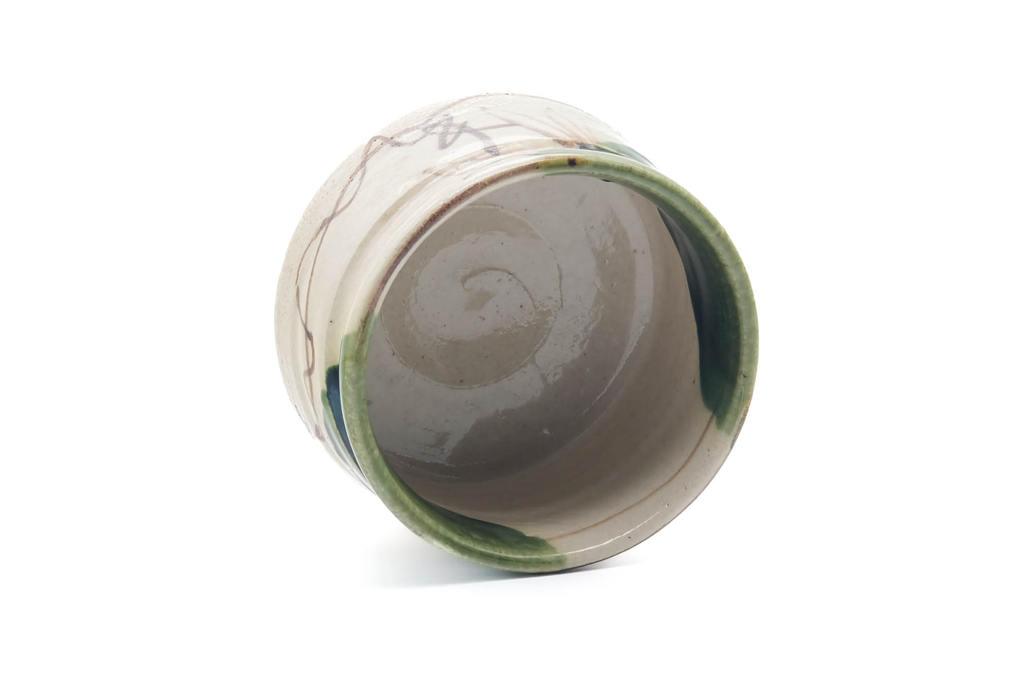 Japanese Matcha Bowl - Floral Beige Green Glazed Oribe-yaki Chawan - 250ml