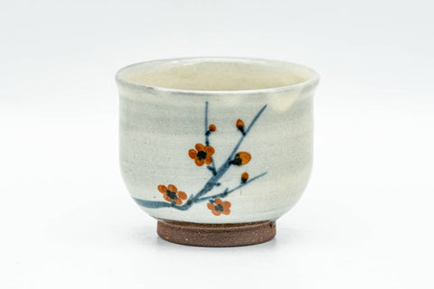 Japanese Teacup - Floral Grey Glazed Guinomi - 50ml - front view showing the painted plum blossom motif