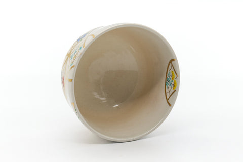 Japanese Matcha Bowl - Beige Gold Geometric Floral Kyo-yaki Chawan - 400ml
