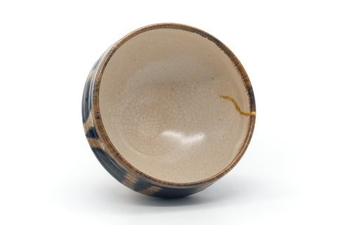 Japanese Matcha Bowl - Black Brown Drip-Glazed Kintsugi Chawan - 475ml