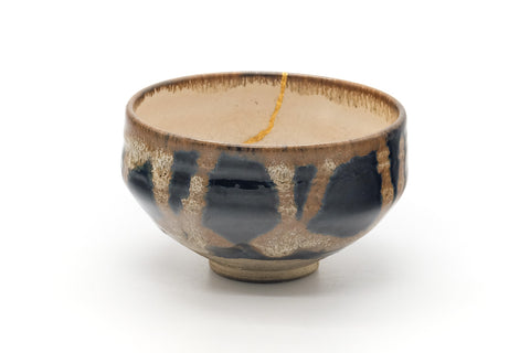 Japanese Matcha Bowl - Black Brown Drip-Glazed Kintsugi Chawan - 475ml