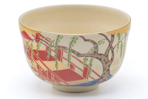 Japanese Matcha Bowl - Gold Red Bridge Kyo-yaki Chawan - 400ml