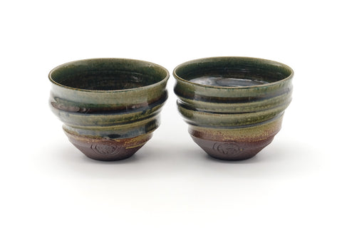 Tezumi — Japanese Teacups - Pair of Ash Green Glazed Spiraling Yunomi — front view from another angle