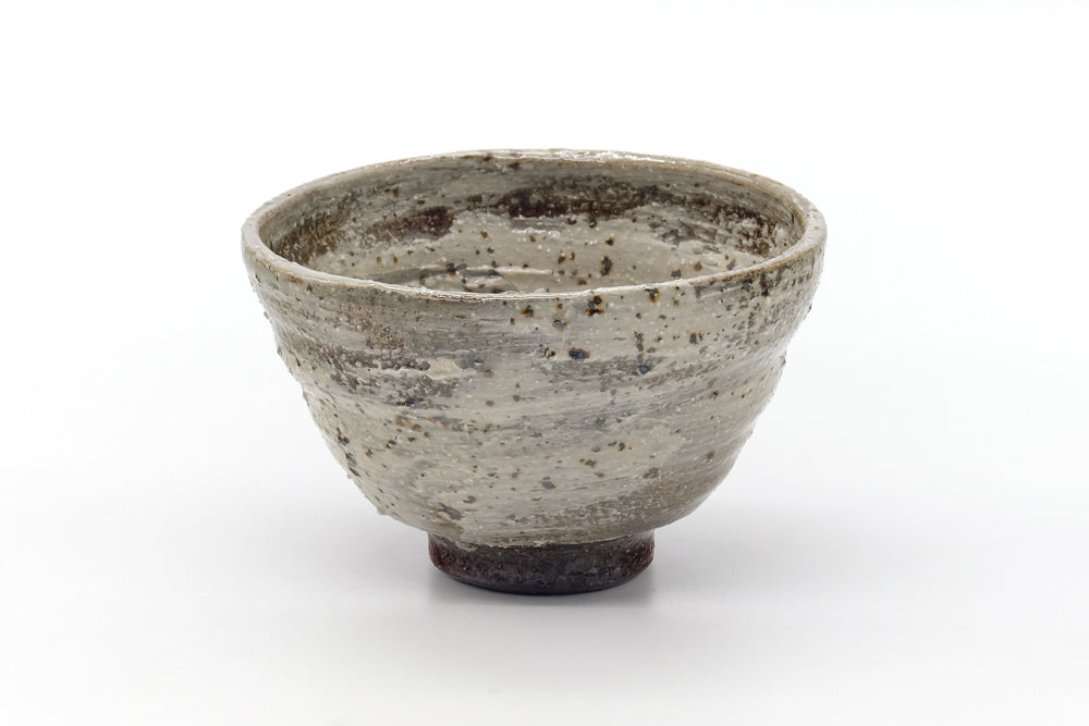 Japanese Matcha Bowl - Earthy Beige Grey Hakeme Textured Chawan