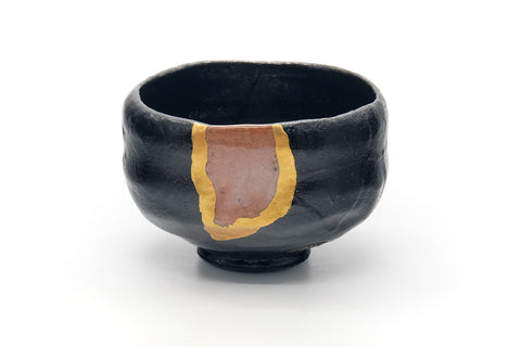 Japanese Matcha Bowl - Black Red Raku-yaki Kintsugi Chawan - 450ml