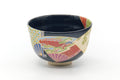 Front view of the black-glazed Kyo-yaki chawan with colourful tea-fan (cha sensu) motifs