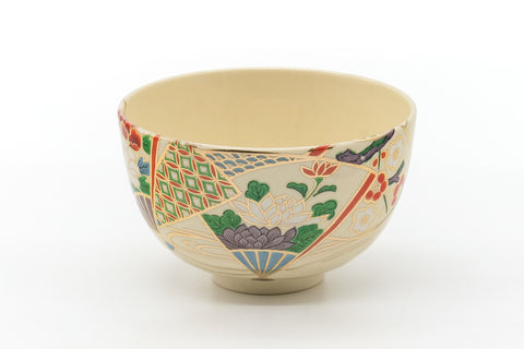 Japanese Matcha Bowl - Beige Green Gold Geometric Floral Kyo-yaki Chawan - 400ml