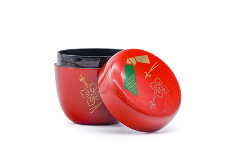 Japanese Natsume - Red Floral Black Lacquer Tea Caddy