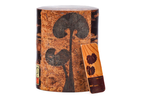 Japanese Chazutsu - Kabazaiku Fuki Leaves Cherry Bark Veneered Tea Canister with Scoop