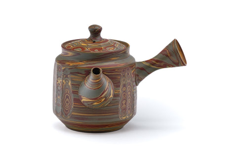 Tezumi — Japanese Kyusu - Faceted Nerikomi Tokoname Teapot - 250ml — side view with the lid and side handle