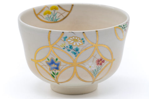 Japanese Matcha Bowl - Beige Gold Geometric Floral Kyo-yaki Chawan - 400ml