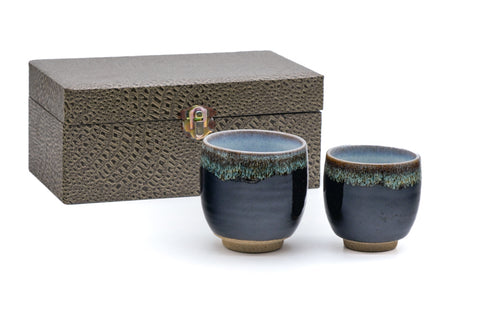 Japanese Teacups - Pair of Meoto Jet Black Drip-Glazed Yunomi