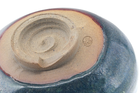 Tezumi — Japanese Matcha Bowl - Brown Yellow Speckled Drip-Glazed Chawan — inverted showing the foot ring