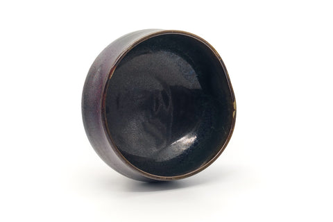 Tezumi — Japanese Matcha Bowl - Brown Yellow Speckled Drip-Glazed Chawan — three-quarter view
