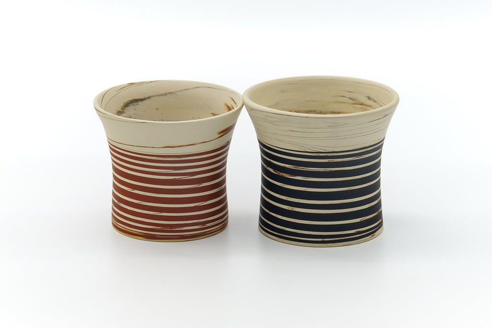 Japanese Teacups - Pair of Meoto Nerikomi Striped Yunomi