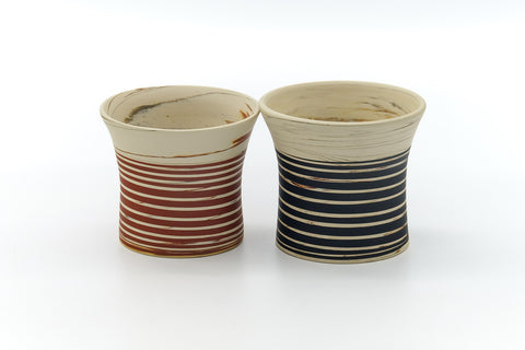 Tezumi — Japanese Teacups - Pair of Meoto Nerikomi Striped Yunomi — front view from another angle
