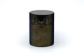 Stainless-steel tea canister, front view with the lid on, showing the dark bronze-toned cylindrical body