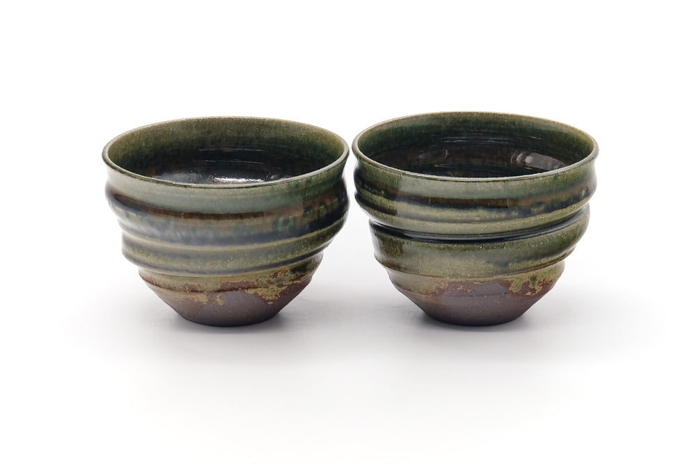 Japanese Teacups - Pair of Ash Green Glazed Spiraling Yunomi
