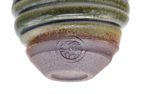 Tezumi — Japanese Teacups - Pair of Ash Green Glazed Spiraling Yunomi — tipped to show the interior
