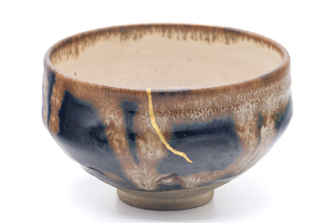 Japanese Matcha Bowl - Black Brown Drip-Glazed Kintsugi Chawan - 475ml