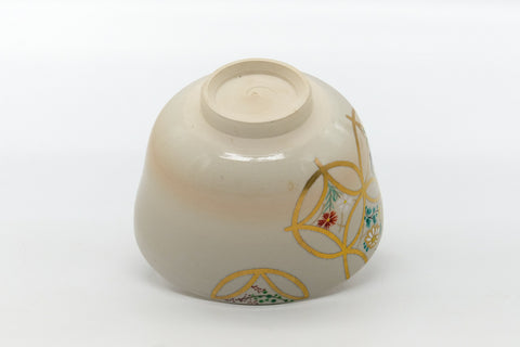 Japanese Matcha Bowl - Beige Gold Geometric Floral Kyo-yaki Chawan - 400ml