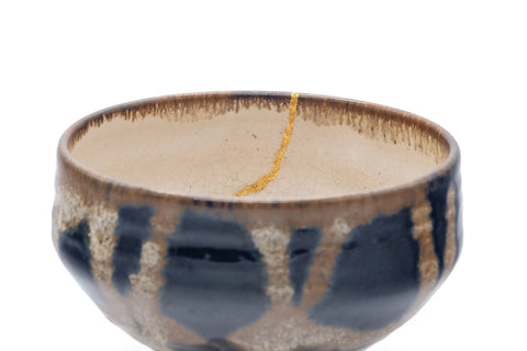 Japanese Matcha Bowl - Black Brown Drip-Glazed Kintsugi Chawan - 475ml