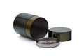 Vintage cylindrical stainless-steel tea canister (chazutsu) shown disassembled, with the body, inner sealing lid and outer lid set apart