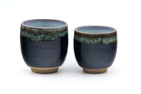 Japanese Teacups - Pair of Meoto Jet Black Drip-Glazed Yunomi