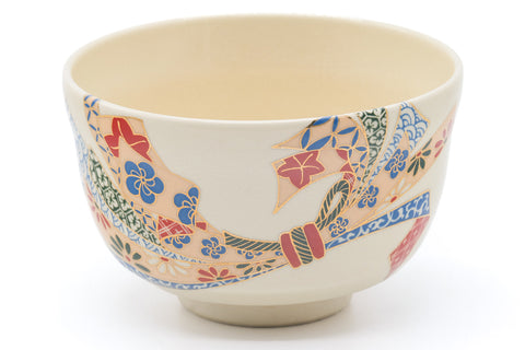 Japanese Matcha Bowl - Colourful Floral Geometric Motif Kyo-yaki Chawan - 400ml