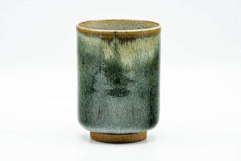Japanese Teacup - Green Hare's Fur Drip-Glazed Yunomi - 190ml - straight-on front view of the full cylindrical cup