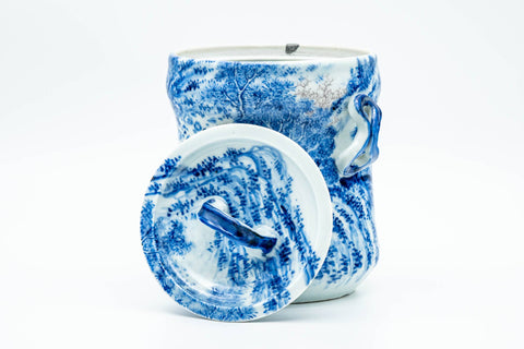Japanese Mizusashi - Blue Kanji Mountainous Porcelain Fresh Water Container - 1100ml - side view showing the mountainous landscape painting