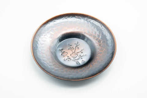 Japanese Chataku - Set of 5 Hammered Copper Uniquely Engraved Tea Saucers with 3 Chasaji Tea Scoops in Wooden Box