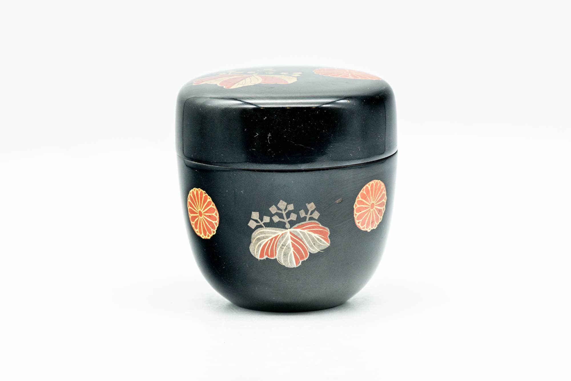 Japanese Natsume - Chrysanthemum Floral Black Lacquer Matcha Tea Caddy - 100ml