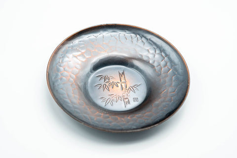 Japanese Chataku - Set of 5 Hammered Copper Uniquely Engraved Tea Saucers with 3 Chasaji Tea Scoops in Wooden Box