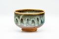 Japanese Matcha Bowl - Green Hare's Fur Drip-Glazed Hantsutsu-gata Chawan - 400ml - front view of the green drip-glazed bowl