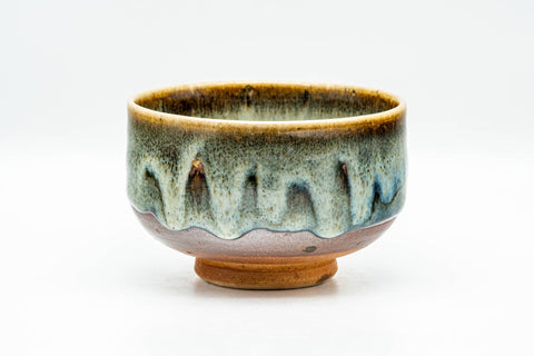Japanese Matcha Bowl - Green Hare's Fur Drip-Glazed Hantsutsu-gata Chawan - 400ml - front view of the green drip-glazed bowl