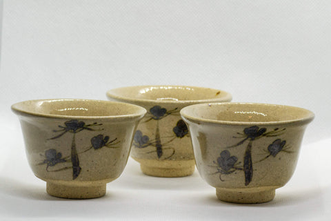 Japanese Teacups - Set of 3 Beige Floral Yunomi - 55ml