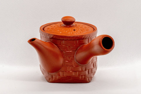 Japanese Kyusu - Small Basket-patterned Tokoname-yaki Ceramic Teapot - 165ml - angled front view of the lidded teapot