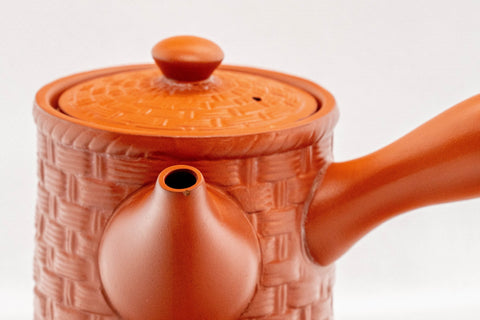 Japanese Kyusu - Small Basket-patterned Tokoname-yaki Ceramic Teapot - 165ml - three-quarter rear view showing the handle and basket-weave texture