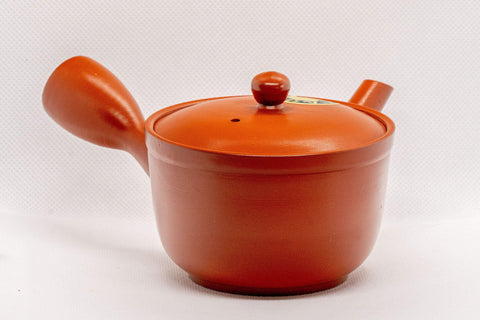 Japanese Kyusu - Red Shudei Tokoname-yaki Nozomi Teapot - 225ml - side profile showing the side handle and spout
