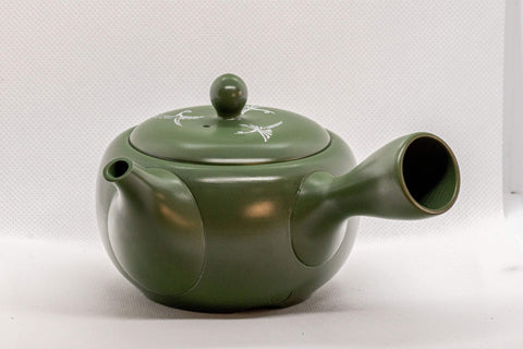 Japanese Kyusu - Green Tokoname Ceramic Teapot with Mesh Strainer - White Clay Mishima Inlay 290ml - Tezumi