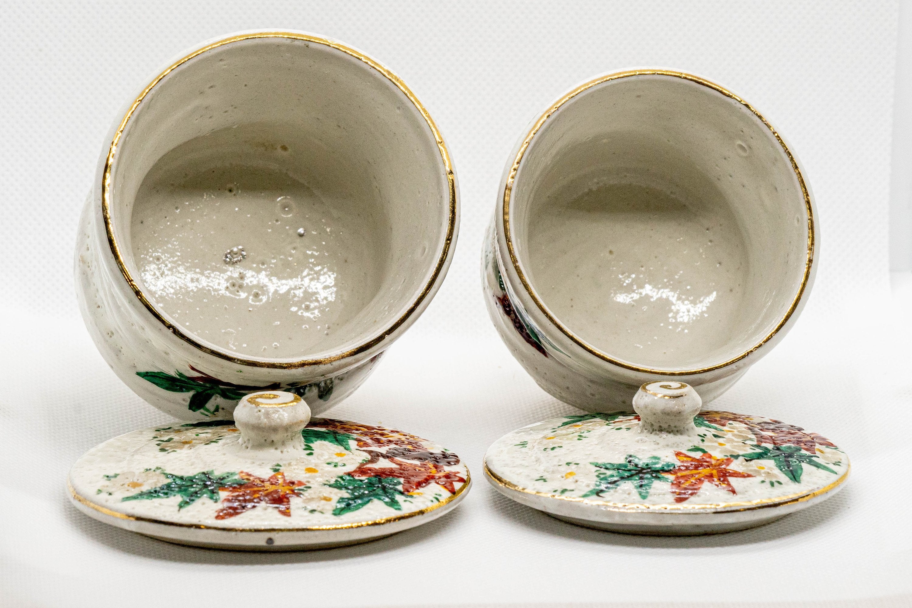 Japanese Teacups - Pair of Lidded Inuyama-yaki Meoto Yunomi