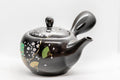 Japanese Kyusu - Sakura Cherry Blossom Black Kurodei Tokoname-yaki Teapot - 300ml - three-quarter view showing the sakura scene across the body and lid