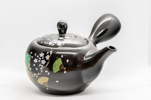 Japanese Kyusu - Sakura Cherry Blossom Black Kurodei Tokoname-yaki Teapot - 300ml - three-quarter view showing the sakura scene across the body and lid