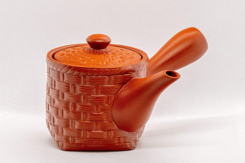 Japanese Kyusu - Small Basket-patterned Tokoname-yaki Ceramic Teapot - 165ml - side view showing the side handle and basket-weave texture