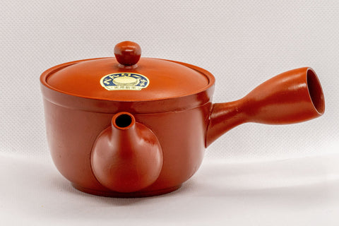 Japanese Kyusu - Red Shudei Tokoname-yaki Nozomi Teapot - 225ml - side view showing the spout and lid