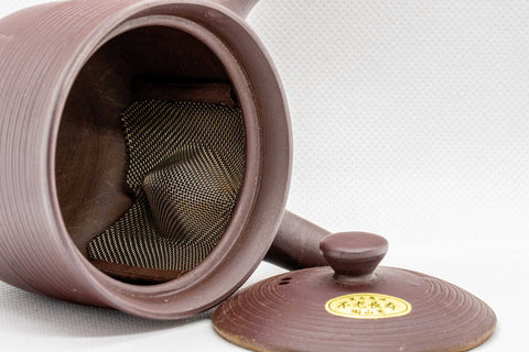 Japanese Kyusu - Tall Banko-yaki Ceramic Teapot - 170ml - lid removed, showing the interior mesh strainer with the lid set beside the pot