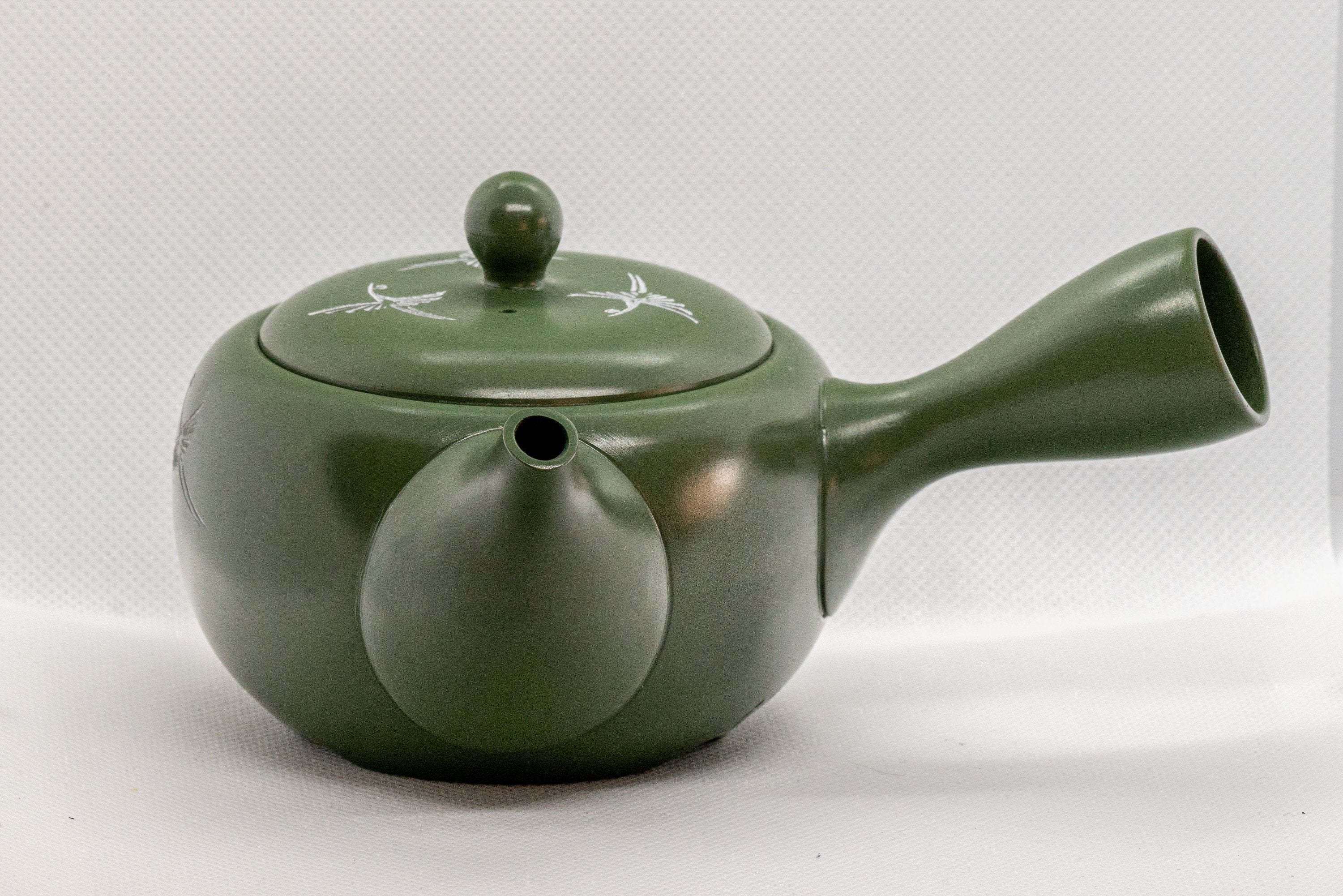 Japanese Kyusu - Green Tokoname Ceramic Teapot with Mesh Strainer - White Clay Mishima Inlay 290ml - Tezumi