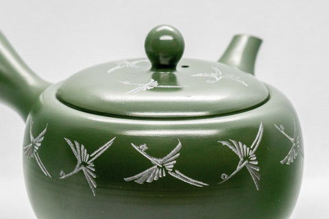 Japanese Kyusu - Green Tokoname Ceramic Teapot with Mesh Strainer - White Clay Mishima Inlay 290ml - Tezumi